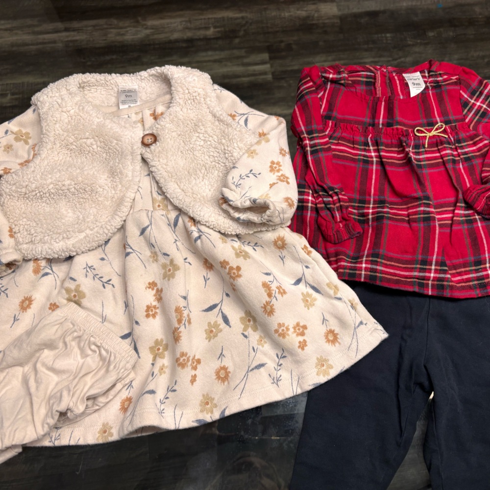 Floral Dress with Cozy Vest and Plaid Baby Girl 9M Outfit Set